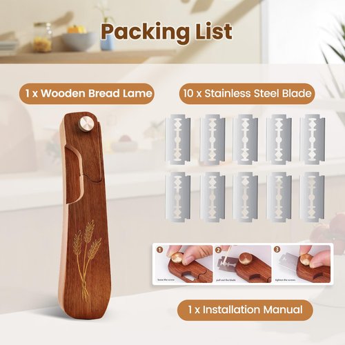 Drcomtruing Wooden Bread Lame Dough Scoring Tool, Handcrafted Bread Scoring Tool for Sourdough Bread Baking, Upgraded Sourdough Scoring Tool With Screw Lock & 10 Razor Blades (Reddish Brown)