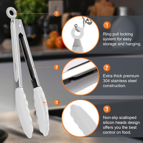 JIDSPWLS Premium Stainless Steel Heat Resistant Kitchen Tongs for cooking,set of 9" and 12" (White),Non Scratch Silicone cooking Tong Tip for Cooking Pans,Strong Grip BBQ tongs for Grabbing Hot Food