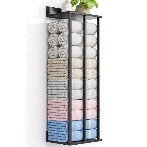 WeGXY Towel Racks for Bathroom Wall Mounted with Wooden Storage Shelf, Updated 3 Bar Metal Towel Holder for Rolled Towels, Sturdy and Large Capacity, Towel Storage Organizer-Black