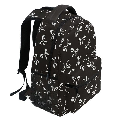 Wamika Black Bowknot Backpack for School White Ribbon Bow Tie Cute Girls Boys Backpack Bookbag Kids Children Teens Backpacks for Age 6-16 M