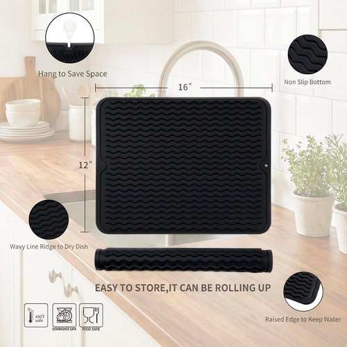 MicoYang Silicone Dish Drying Mat - Eco-Friendly, Heat-Resistant Kitchen Counter Mat | 16" x 12" Black