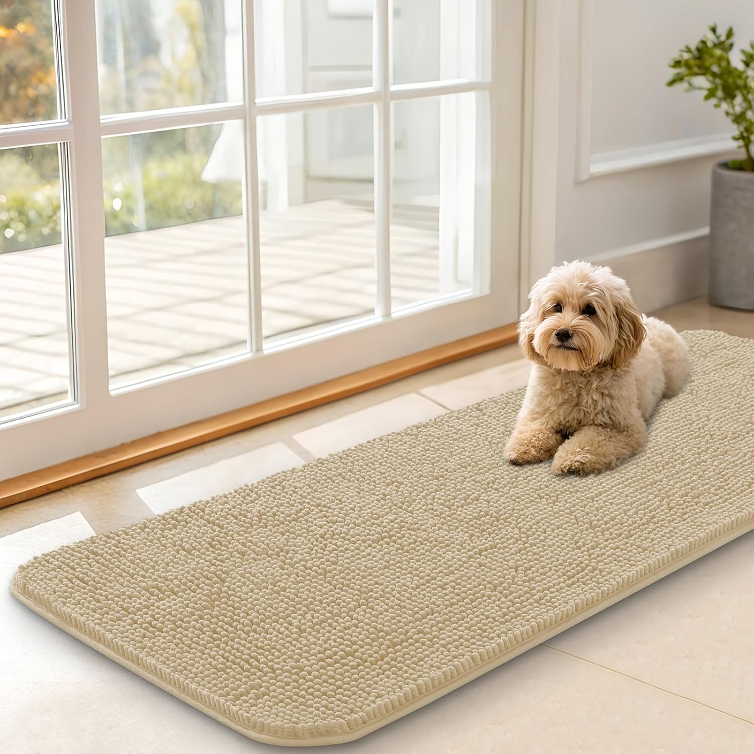 OLANLY Dog Door Mat - Absorbent Non-Slip Washable Chenille Mat for Muddy Paws | 47x17 Inches, Beige