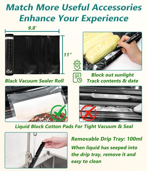 KVSK Vacuum Sealer Machine Automatic Black 6615H Food Preservation Storage, One-Click Dry&Moist Vac Seal Mode, 60kPa Suction, 11"x9.8' Black Sealer Roll, Liquid Block Cotton Pads, Removable Drip Tray