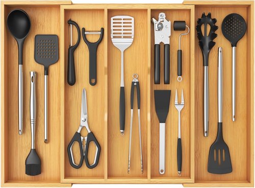 Lifewit Utensil Organizer - Expandable Kitchen Drawer Tray for Cutlery & Flatware | Natural Wood, 15.6-28 x 18.5