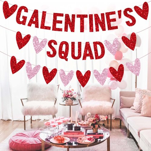 3 PCS Galentines Day Decorations Galentines Squad Banner with Love Heart Garland, Glitter Happy Galentine’s Day Banner Galentines Day Party Decor for Ladies Girls Friends Valentines Day Party Decor