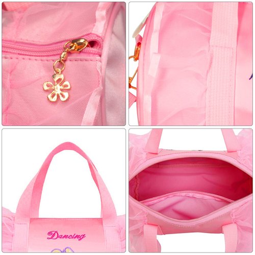 KingBig Embroidered Ballet Shoe Dance Bag, Personalized Waterproof Bag for Girls with Keychain and Pink Plush Ball Pink