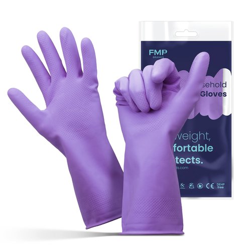 FMP Brands Cleaning Gloves - 12 Pairs Non-Slip, Waterproof Reusable Latex Dish Gloves for Kitchen, Bathroom, Household, Gardening (Medium, Purple)