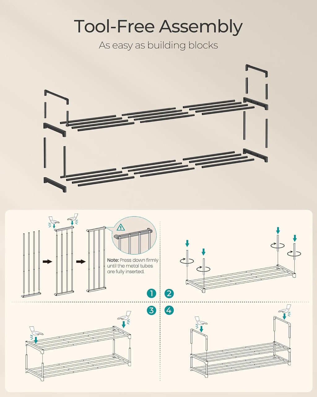 SONGMICS 2-Tier Shoe Rack - Stackable Metal Organizer for 15-18 Pairs | Black, 11.8 x 46.1 x 14.6 Inches