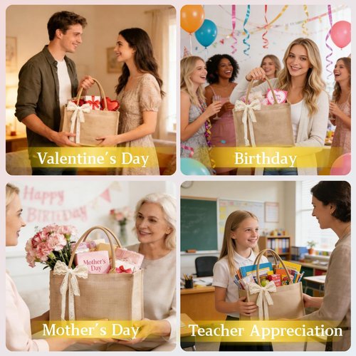 12pcs Burlap Tote Bag Set with Handles, Waterproof Reusable Blank Water Resistant Grocery Bags with Ribbon Large Jute Tote 15.35*6*12 Inch for Women Bridesmaid Gift Beach Shopping Wedding Travel DIY