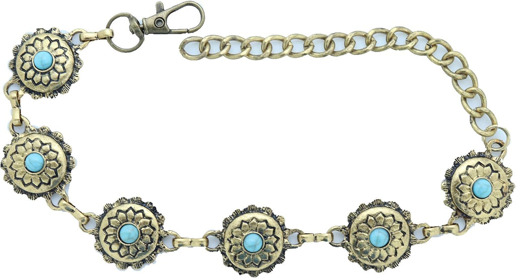 Skiennix Antique Metal Boot Chain Anklet - Western Fashion Jewelry with Turquoise Blue Beads