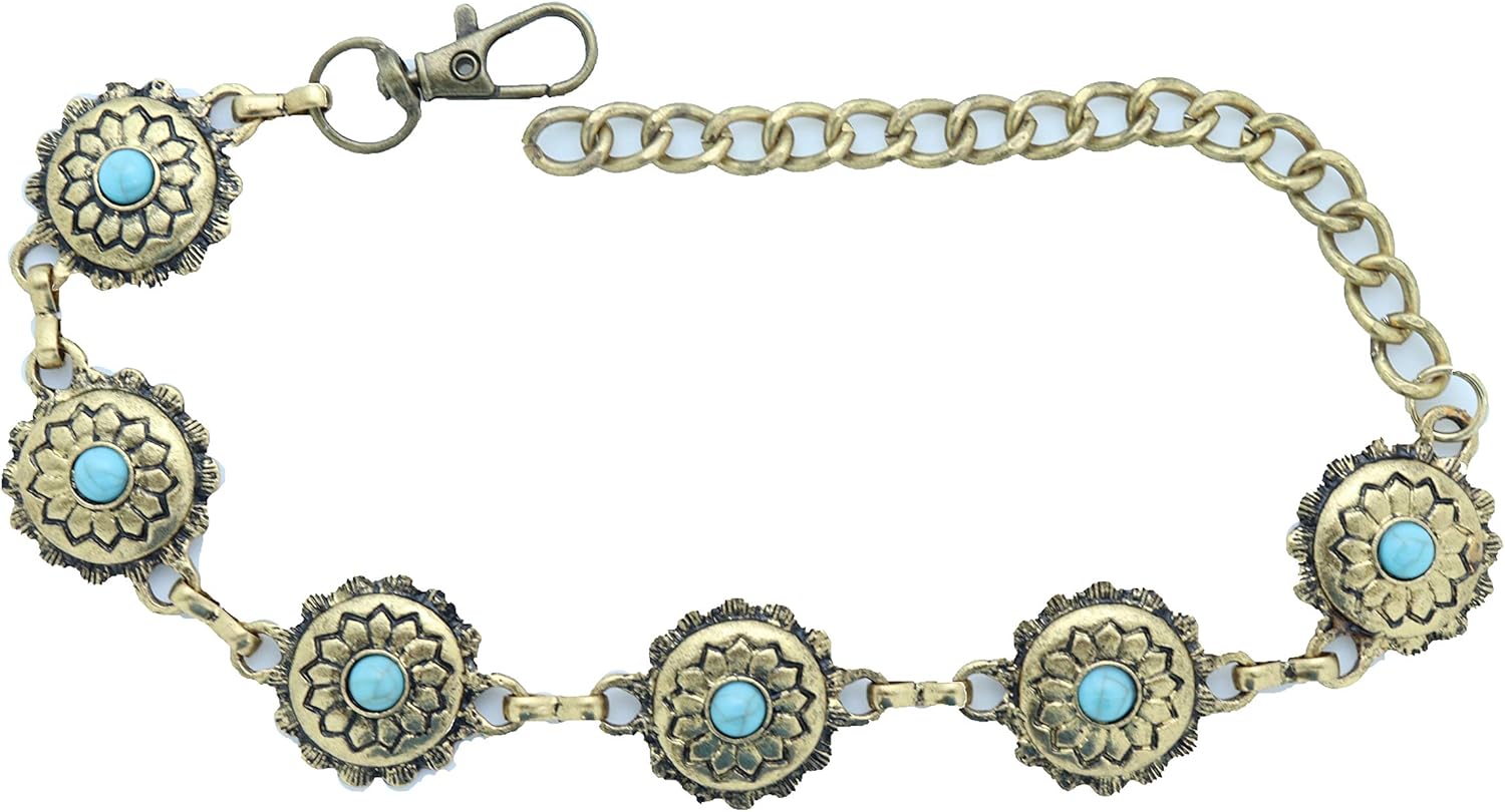 Skiennix Antique Metal Boot Chain Anklet - Western Fashion Jewelry with Turquoise Blue Beads