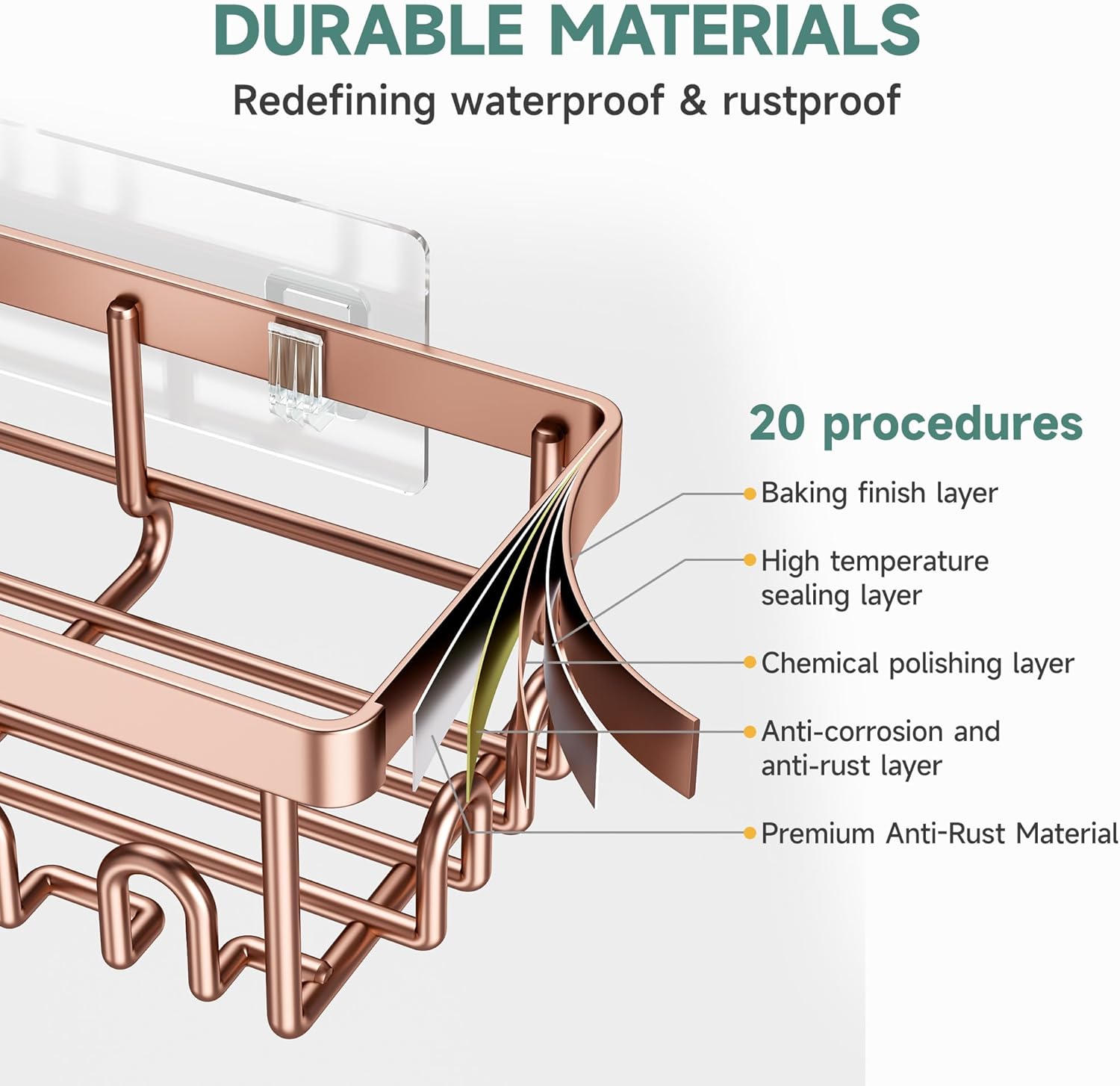Veken Shower Caddy - Rustproof Waterproof Adhesive Shelves Rack | 6-Pack Large Capacity Rose Gold Bathroom Organizer