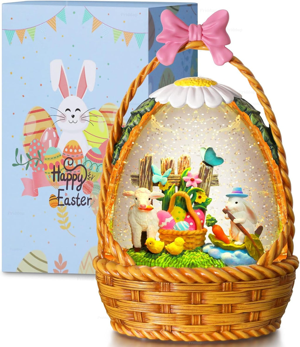 Priddop Easter Bunny Snow Globe | 9.5-Inch Glittering Tabletop Decoration with Timer