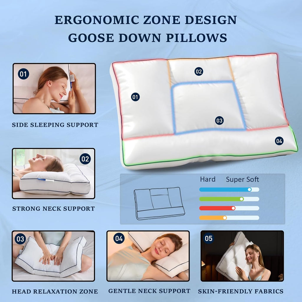 Skiennix Goose Down Pillow - Ergonomic Cervical Neck Pain Relief | Soft Cotton Cover, 16.5x26 Inch