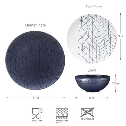 bzyoo 12 Piece Melamine Dinnerware Set - Durable, Dishwasher Safe Plates and Bowls - Dinning, Parties, Camping Dish Set Spidy Blue Collection