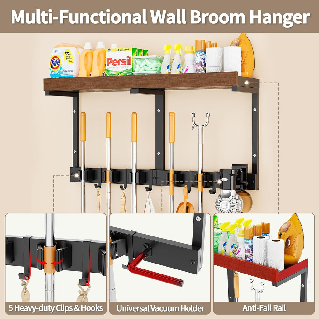 Skiennix Broom Holder Wall Mount - Versatile Cleaning Supplies Organizer with Mop Hanger & Gripper Hooks | Ideal for Home, Garage, Kitchen