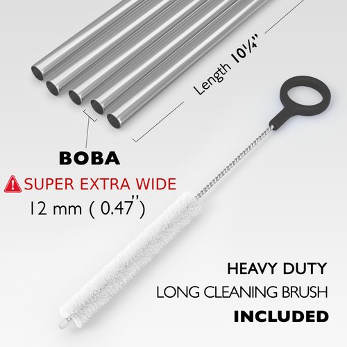 Fiesta First 5 Super Extra Wide Boba Straws Stainless Steel. 10.23" Long Metal Straws Reusable Fat Thick Large Jumbo for Smoothies, Bubble Tea. Dishwasher Safe Hard Drinking Straws. SILVER
