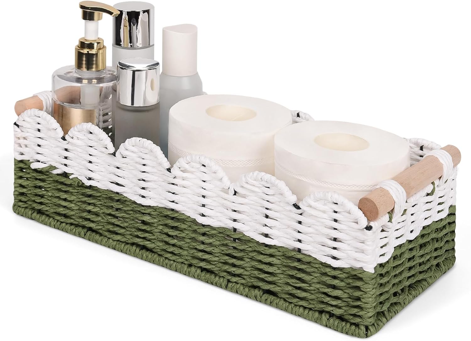 Regine Switzerland Scalloped Edge Toilet Paper Storage Basket - Handwoven Paper Rope for Stylish Bathroom Decor | Includes 2 Wooden Handles