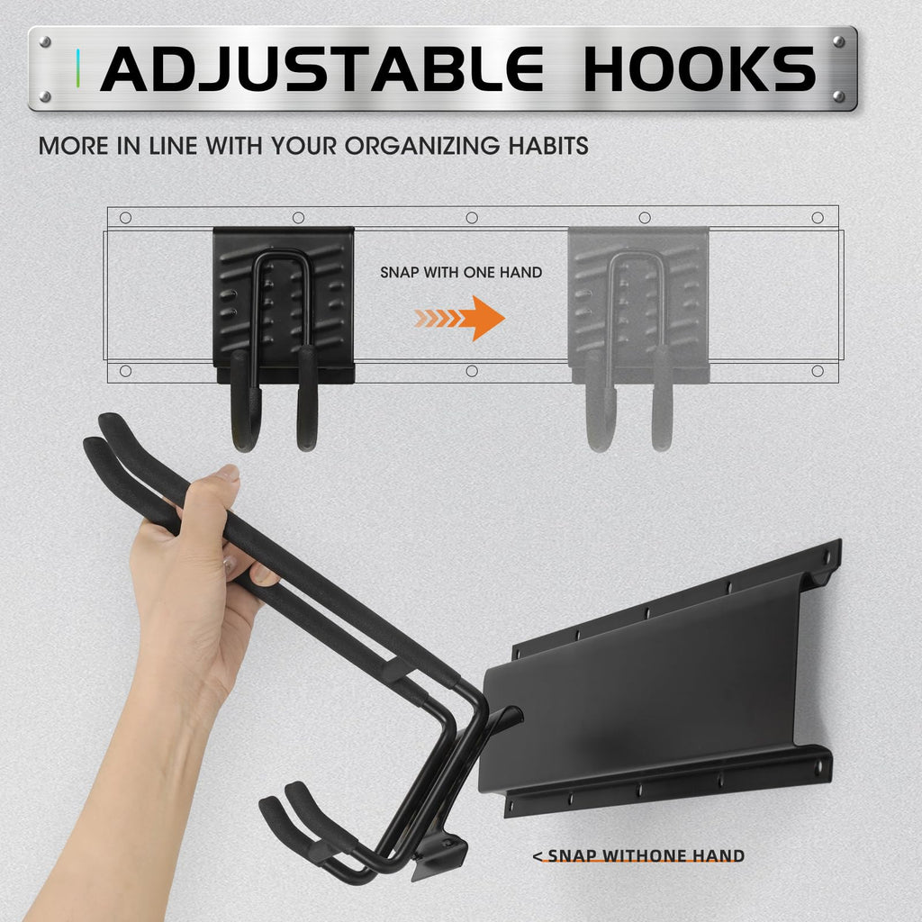 Garage Tool Organizer Wall Mount, Heavy Duty Garage Organization Tool Storage Utility Rack, Sturdy Storage Rack Hanger with Adjustable Hooks, Garden Tool Organizer for Shovel, Rake, Folding Chair