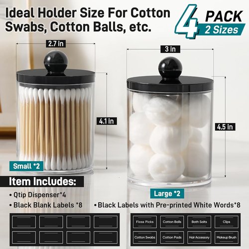 Clear & Black Acrylic Qtip Holder Dispenser | 4 Pack Cotton Swab Storage Canisters - Bathroom Essentials