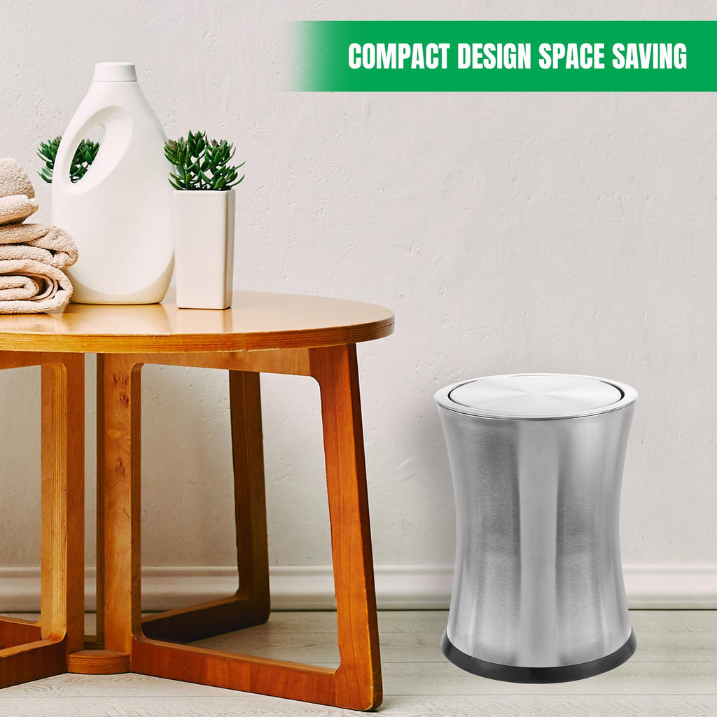 Bennett Swivel-A-Lid Small Trash Can, Stainless Steel Attractive 'Center-Inset' Designed Wastebasket, Modern Home Décor, Round Shape (Silver)