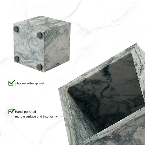 Real Luxurious Natural Marble Toothbrush Holder & Makeup Brush Organizer & Pen Holder for Desk,3.93inch Square Marble Utensil Holder Non-Ceramic/Non-Resin （Cyan Green）