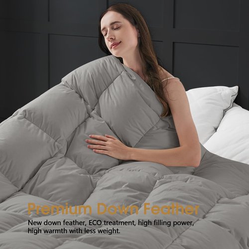 CYMULA Queen Size Feather Down Comforter - All Season Dark Grey Duvet Insert, Lightweight Box Stitched, Fluffy Breathable, Ultra Soft Quiet Hotel Style with 8 Tabs(90" x 90")