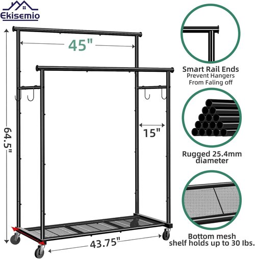 Ekisemio Heavy-Duty Double Rods Clothes Rack - 400 LBS Capacity | 45-Inch Rolling Garment Rack with Shelves, Black