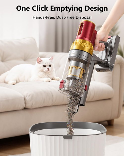Cordless Vacuum Cleaner, 580W 48Kpa 65Mins Vacuum Cleaners for Home, Self-Standing Stick Vacuum with Auto Scrapping Dust Tech, Low Noise Rechargeable Cordless Vacuum for Hardfloor, Carpets, Pet Hair