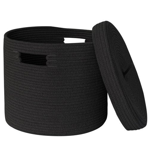 HONCESTA Storage Basket with Lid, 15” x 13” Lidded Blanket Basket Living Room, Black Woven Baskets for Storage, Nursery Kids Cotton Rope Toy Bin Box with Cover, Wicker Laundry Basket Pillow Holder