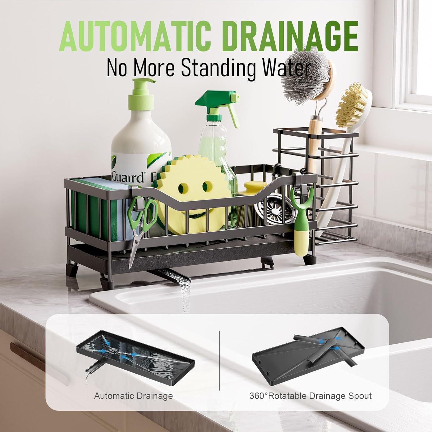 Skiennix Kitchen Sink Caddy - 304 Rustproof Stainless Steel Sponge Holder | Black Countertop Organizer