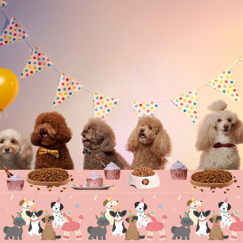 4 PCS Pet Dog Birthday Party Decorations Retro Puppy Birthday Plastic Tablecloth Rectangular Retro Dog Themed Table Cover Party Supplies for Kids Vintage Puppy Baby Shower Table Decor 108 x 54 In