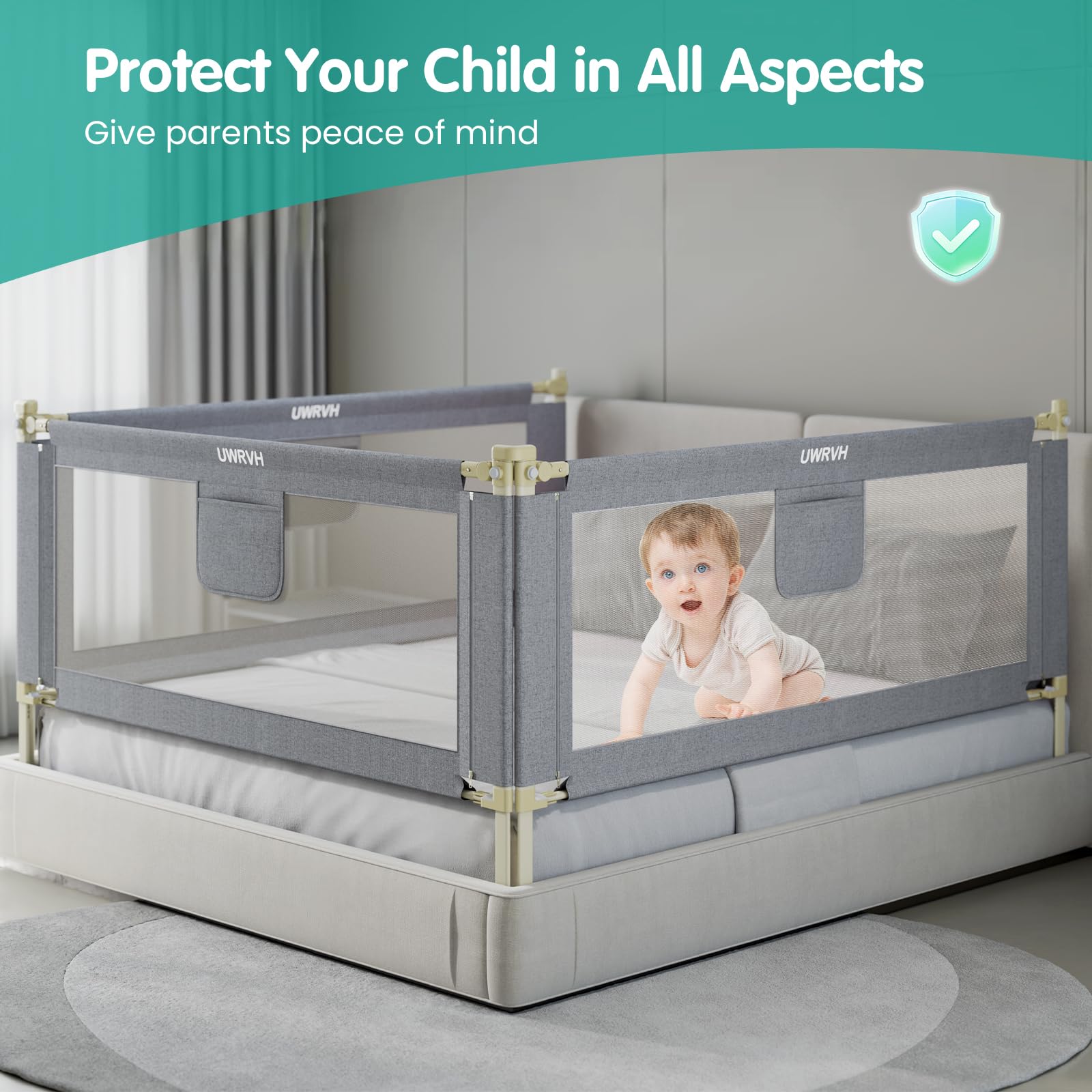 UWRVH Bed Rails for Toddlers，Toddler Bed Rails，Bed Rail for Baby - Adjustable Height Bed Guard with Child Safety Lock, Universal Fit for King/Full/Twin Beds (Grey, 1 Side 74.8Inch)