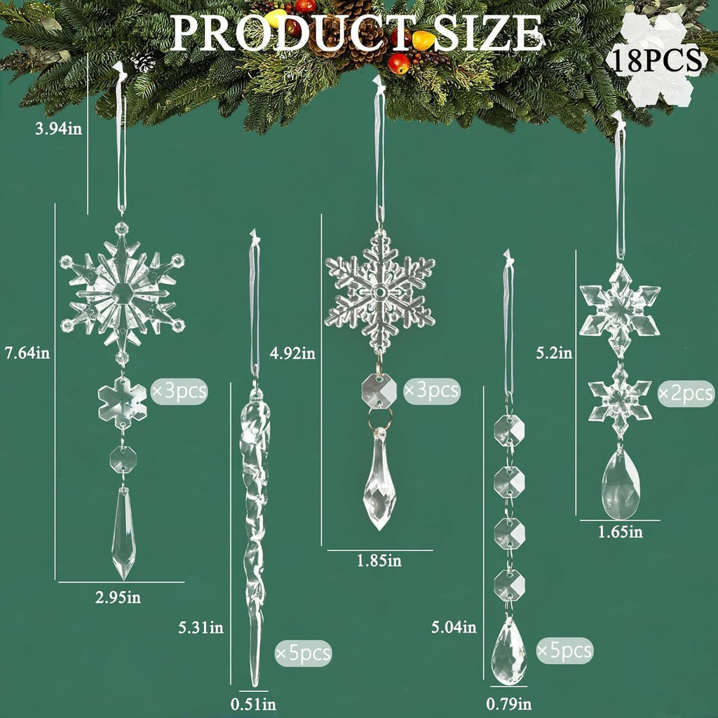 Skiennix 18pcs Crystal Christmas Ornaments - Hanging Acrylic Snowflake Icicles for Winter Decor