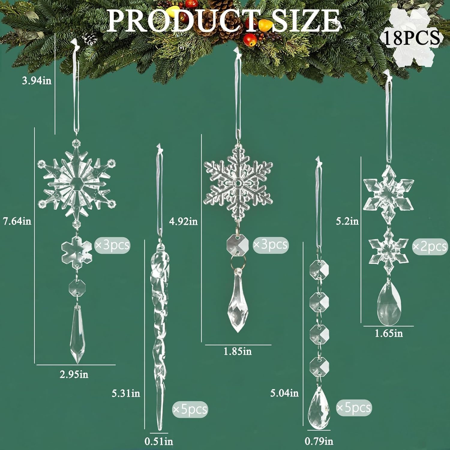 Skiennix 18pcs Crystal Christmas Ornaments - Hanging Acrylic Snowflake Icicles for Winter Decor