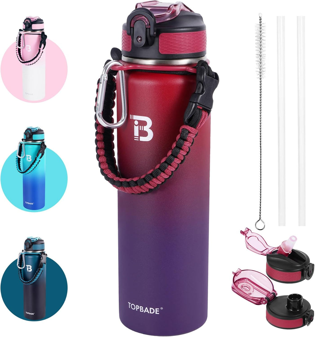 Skiennix 32oz Insulated Water Bottle - Double Wall Stainless Steel with Straw Lid & Paracord Handle