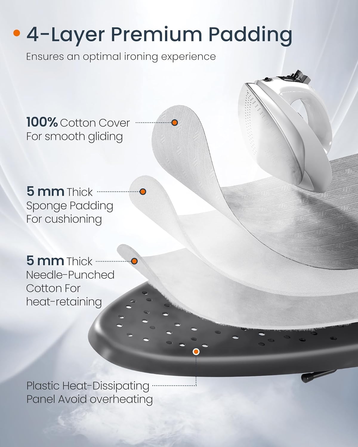 SONGMICS Ironing Board - Foldable & Height Adjustable Up to 35 Inches | 4-Layer Cover & Iron Rest, Dove Gray