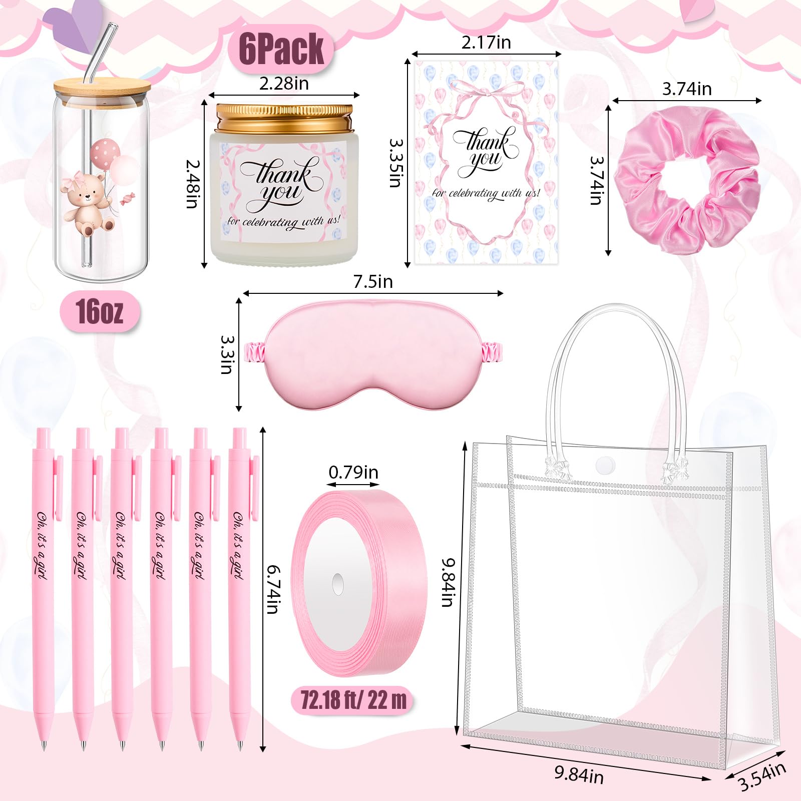Reallnaive 43 Pcs Baby Shower Prizes for Player Winner Wedding Bridal Shower Favor Gifts Including Glass Cups Aromatherapy Candle Eye Mask Hair Band Greeting Card Pen Ribbon Gift Bag(Bear Style,Pink)