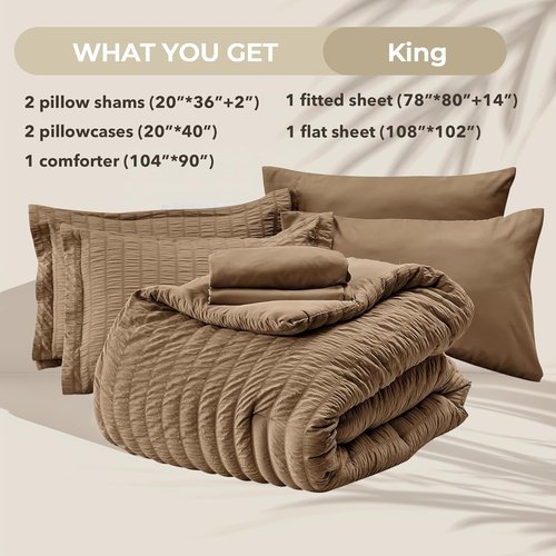 HYMOKEGE King Size Comforter Set - Luxury 7-Piece Seersucker Bedding Set for All Seasons | Brown