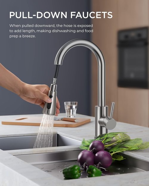 FORIOUS Kitchen Faucet - Pull Down Sprayer, Brushed Nickel Finish, High Arc Design for Farmhouse & RV Use