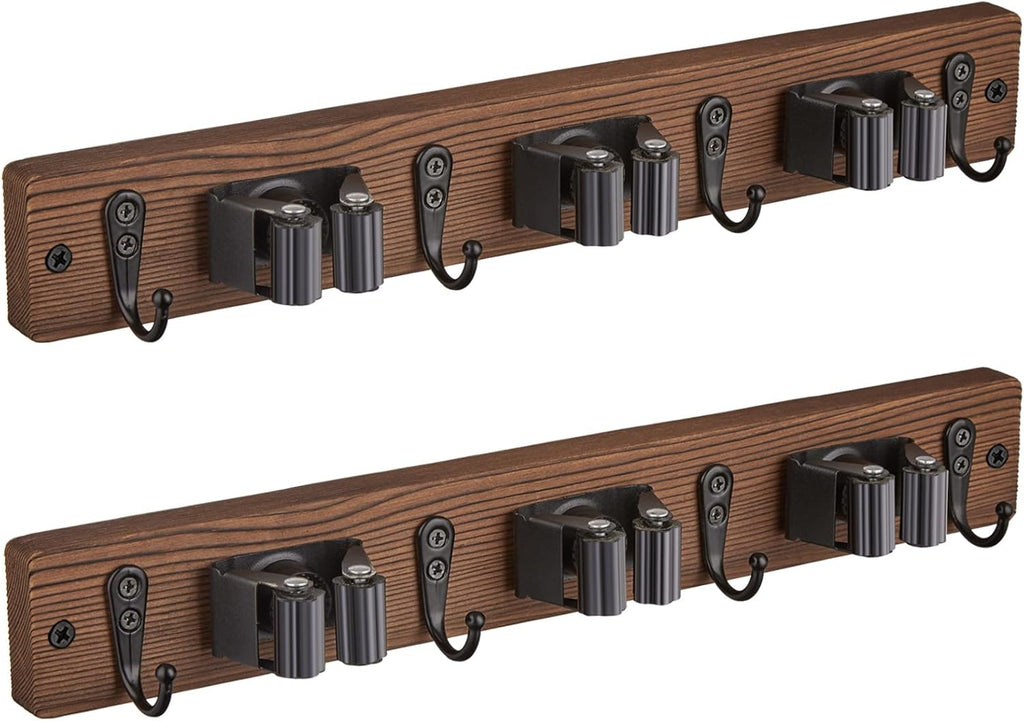 OUTNILI Mop Broom Holder Wall Mount - 2 Pack Rustic Wood Organizer with 3 Slots & 4 Hooks for Kitchen & Garden