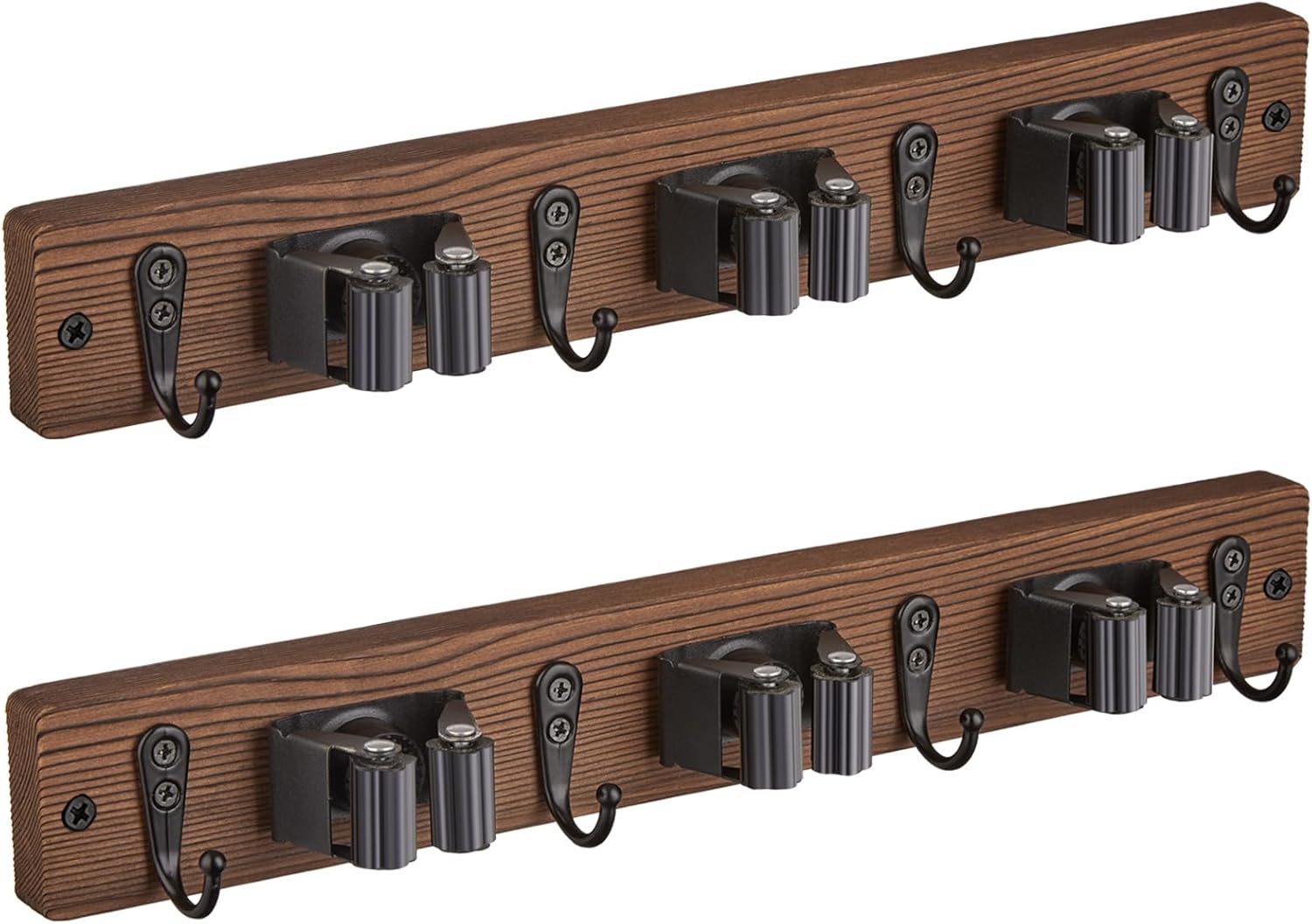 OUTNILI Mop Broom Holder Wall Mount - 2 Pack Rustic Wood Organizer with 3 Slots & 4 Hooks for Kitchen & Garden