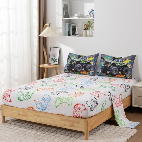 Holawakaka Boys Twin Size Off-Road Camo Racing Truck Print Bedding Comforter Set with Sheets, Cartoon Camouflage Race Trucks Bed in A Bag 5 Pieces Kids Teens Car Dorm Reversible Bed Sets