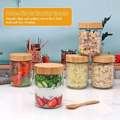 Encheng 16oz Glass Jars with Lids, Overnight Oats Containers with Bamboo Lids, Wide Mouth Glass Mason Jar Food Storage Containers for Salad,Yogurt,Meal Prep,6 Pack