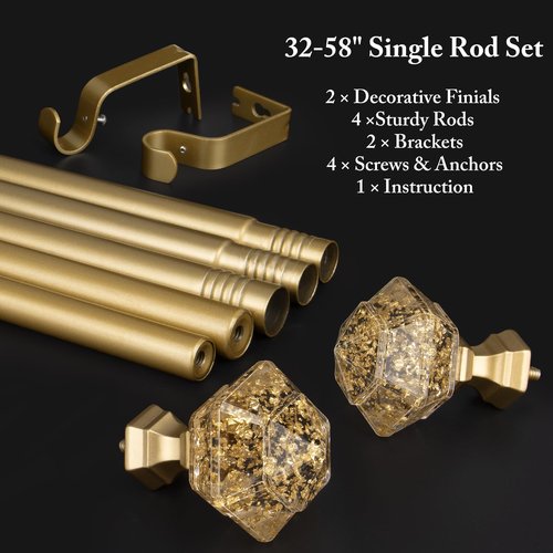 TONIAL Curtain Rod 32 to 58 Inch(2.6 to 4.8 ft), Splicing Adjustable 3/4 Single Rods for Windows 20 to 53 Inch(1.7 to 4.4 ft) Decorative Drapery Rod with Translucent Diamond Finial, Gold