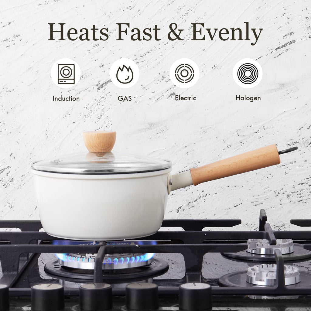 ROCKURWOK Ceramic Nonstick Sauce Pan with Lid, 1.5 Qt Small Pots for Cooking, Small Pot Wooden Handle for Cool Touch, Non Toxic & Pfas-Free Saucepan, Universal Base(Gas, Electric & Induction), White