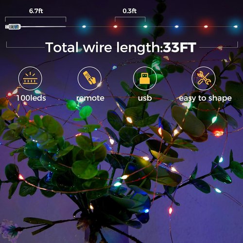 Ariceleo USB Powered Fairy Lights - 32.8 Ft Silver Wire String Lights with Remote & Timer, 100 LED, Waterproof, 8 Modes for Parties & Weddings