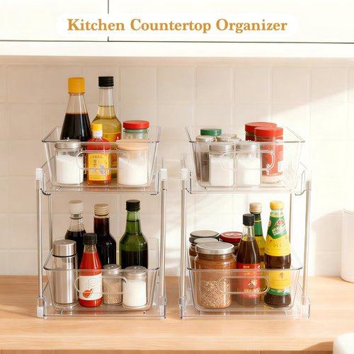 2 Pack Under Sink Organizer, 2 Tier Clear Bathroom Organizers and Storage, Pull-Out Medicine Cabinet Organizer, Multi-Purpose Cabinet Organizer with Track for Bathroom, Kitchen, Pantry, Vanity Storage