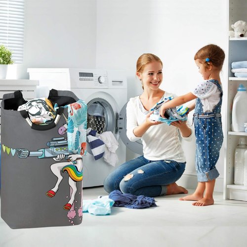 visesunny Large Capacity Laundry Hamper Basket Funny Unicorn Soldier Shooting Hearts With Love Gun Cartoon Water-Resistant Oxford Cloth Storage Baskets for Bedroom, Bathroom, Dorm, Kids Room