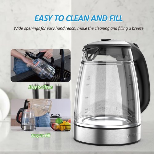 NISVITU Glass & Stainless Steel Cordless Electric kettle for boiling water, Hot water boiler Electric Tea Kettle automatic shut off Boil-Dry Protection, PC Outer + Glass Inner, 1500W, 1.7L, BK
